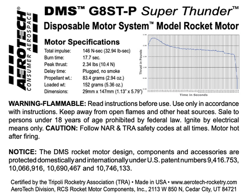 AeroTech G8ST-P 29mm x 147mm Single Use DMS 1-Motor Kit - 070800