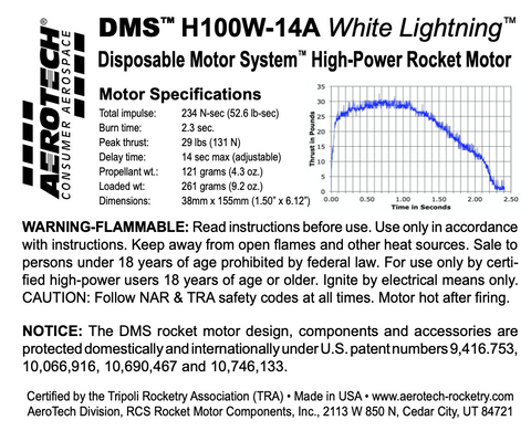 AeroTech H100W-14A 38mm x 155mm Single Use DMS 1-Motor Kit - 081014